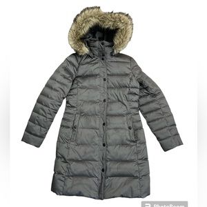 Down Lands’ End Faux Fur Hooded Puffer Coat Taupe Size XS